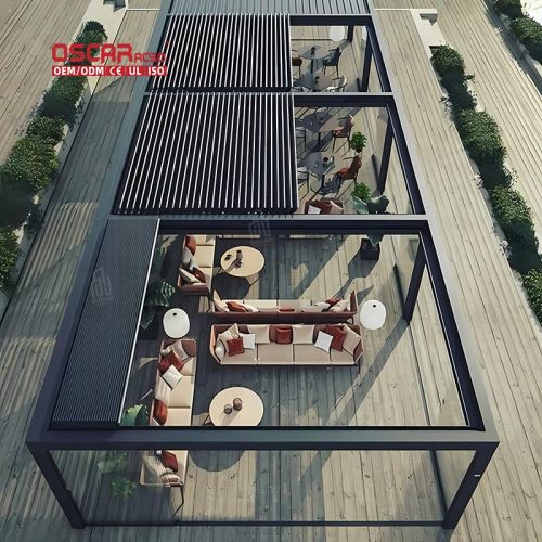 Motorized Louver Roof Patio Garden Balcony with Bioclimatica Function and Pergola - Style Awning Systems Retractable Pergola