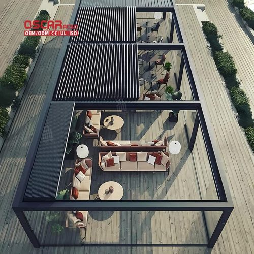 Outdoor Rain - Proof Motorized Louvered Canopy with Led Lights Garden Patio Backyard Retractable Pergola