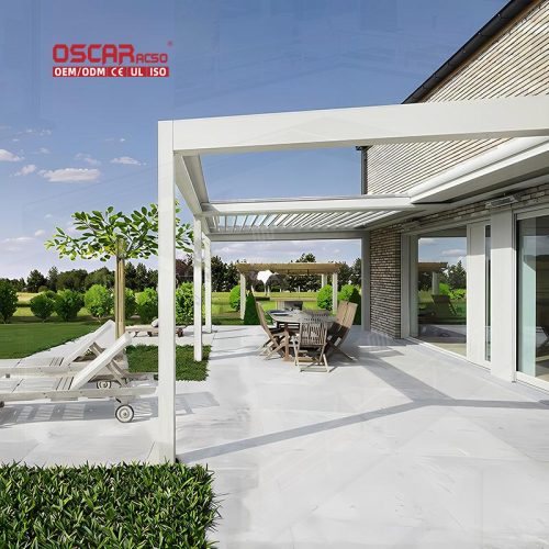 Modern Aluminium Louver Glass Outdoor Pergola Garden Patio Backyard with Motorized Bioclimatic Function Retractable Pergola