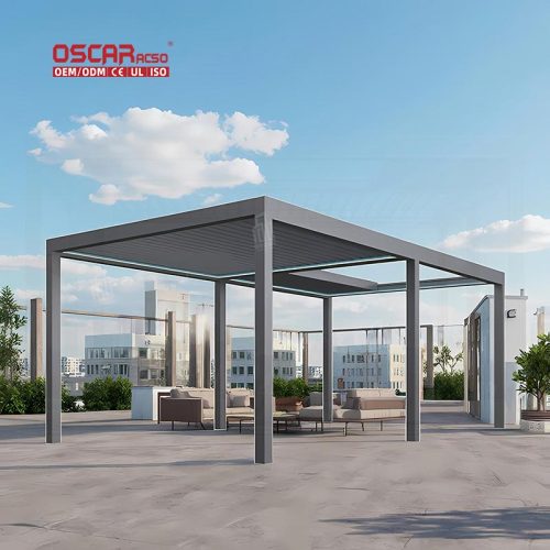 Waterproof Terrace Roof Louvered Gazebo with Curtains Garden Patio Balcony Outdoor Structure Shelter Retractable Pergola