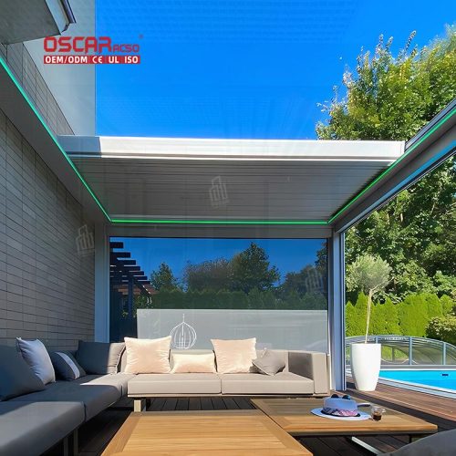 Motorized Aluminum Flat Roof Metal Pavilion Gazebo with Curtains Bioclimated Luxury Garden Patio Backyard Retractable Pergola