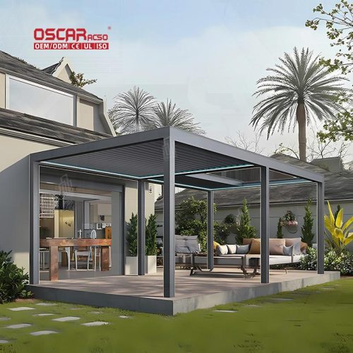 Waterproof Motorized Outdoor Aluminium Louvres Sun Awning Bioclimatic Pergola Garden Patio Poolside Retractable Pergola