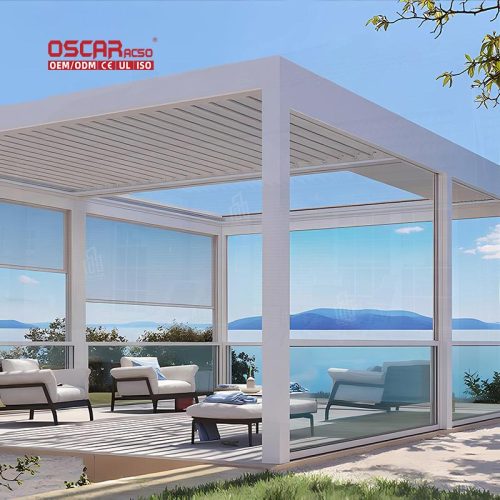 Controlled Louvered Systems Balcony Roof Electric Pergola and Gazebo in Outdoor Spaces Patio Gardens Retractable Pergola
