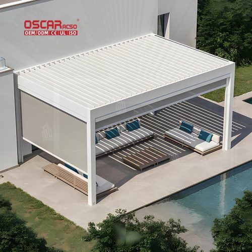 Outdoor Garden Electric Waterproof Louvered Roof with Glass Panels Shade Structure Patio Backyard Terrace Retractable Pergola