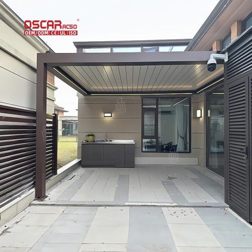 Outdoor Rain - Resistant Motorized Aluminum Frame Louvered Structure with Led Lighting Garden Patio Backyard Retractable Pergola