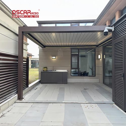 Waterproof Louvered Terrace Roof with Curtains Outdoor Shading Structure For Garden Patio Balcony Retractable Pergola