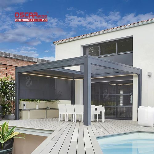 Free Standing Motorized Aluminum Louvered Structure Garden Backyard Poolside Shading and Ventilation Retractable Pergola
