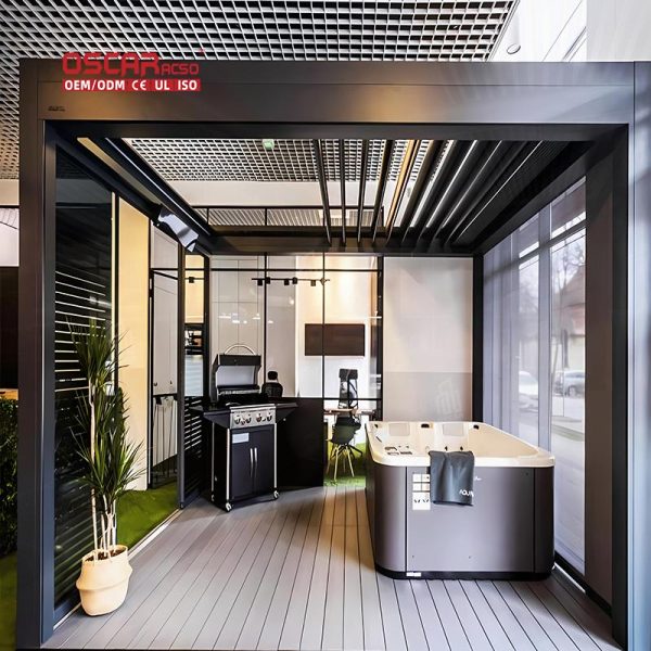 Controlled Opening Roof Louver Bioclimatic Aluminum Structure with Zipper Blinds Garden Patio Balcony Retractable Pergola