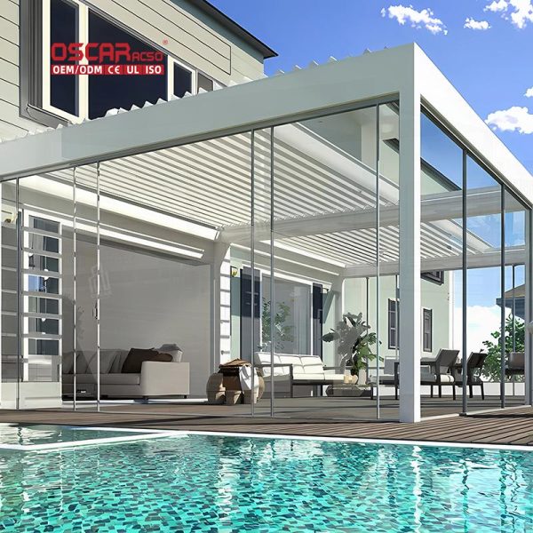 Aluminum Louver Bioclimatic Pergola Outdoor Terrace Roof with Curtain Garden Patio Balcony Retractable Pergola
