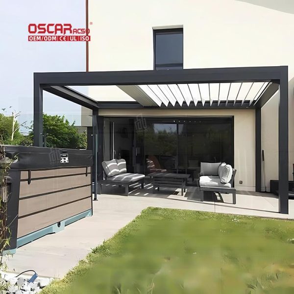 Mounted Motorized Louvered Metal Canopy Garden Patio and Balcony with Adjustable Function and Smart Design Retractable Pergola