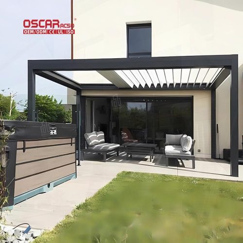 Garden Black Gazebo Pergola Motorized Outdoor Aluminum Patio Roof with Louvers Garden Patio Backyard Retractable Pergola