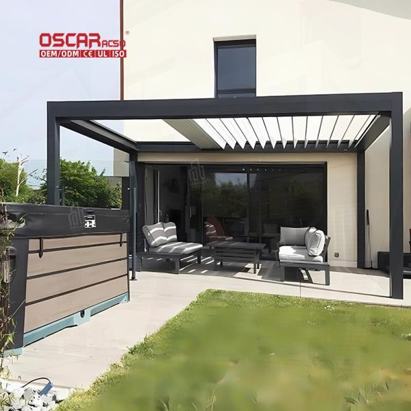 Garden Black Gazebo Pergola Motorized Outdoor Aluminum Patio Roof with Louvers Garden Patio Backyard Retractable Pergola