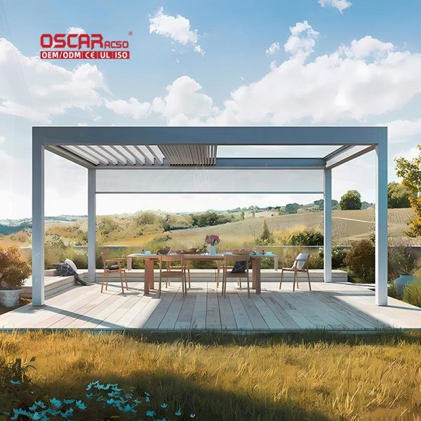 Waterproof Motorized Solar Pergola Gazebo with Side Curtain Outdoor Garden Patio Yard Retractable Pergola