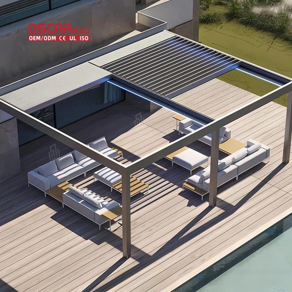 Waterproof Sun – Blocking Outdoor Motorized Aluminium Louvres Bioclimatic Pergola Garden Patio Balcony Retractable Pergola