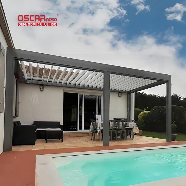 Motorized Outdoor Louver Side Blinds Blade Shutter Roof Pergola System Garden Patio Balcony Designs Retractable Pergola