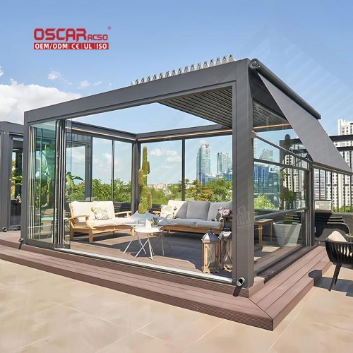 Motorized Opening Retractable Louvered Aluminum Roof with Led Strips For Swimming Pool House Outdoor Patio Retractable Pergola