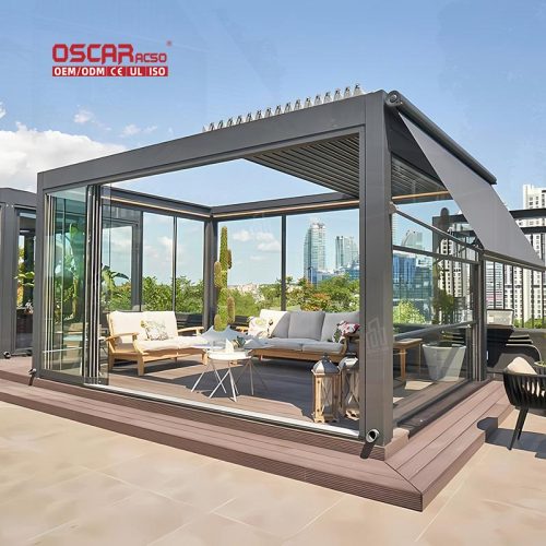 5X5M Motorized Waterproof Louvers Outdoor Patio and Garden Shading Ideal Backyard Poolside and Balcony Retractable Pergola