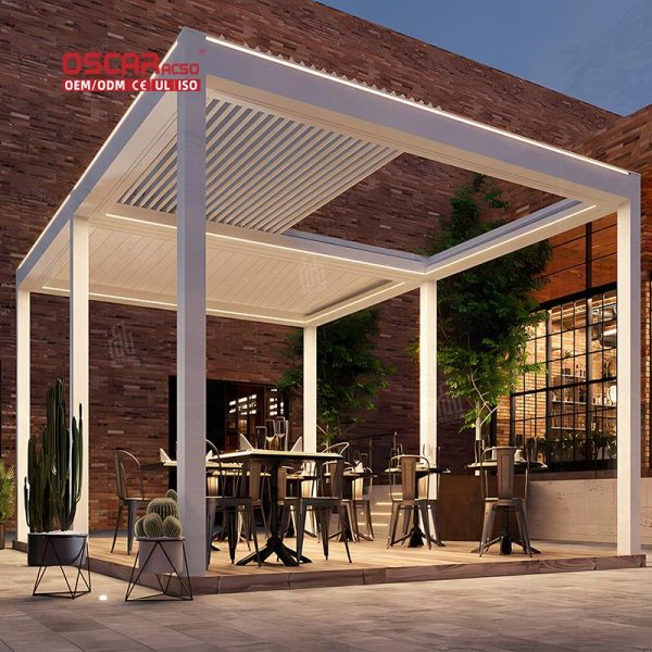 Electric Opening Waterproof Louvered Roof Bioclimatic Outdoor Garden Structure Patio Deckyard Sunshade Retractable Pergola