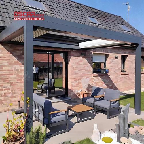 installed Remote  Controlled Outdoor Bioclimatic Aluminium Structure with Sunscreen Garden Patio Balcony Retractable Pergola