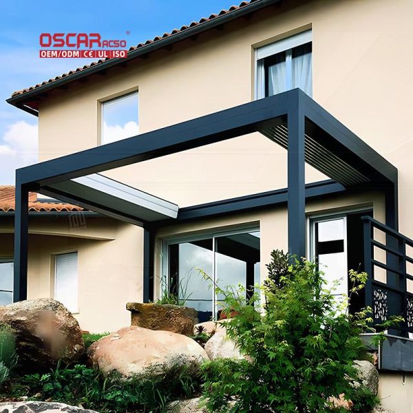 Sunshade Aluminum Bioclimatic Louvered Roof Canopy Patio Terrace Balcony with Shading Ventilation Features Retractable Pergola