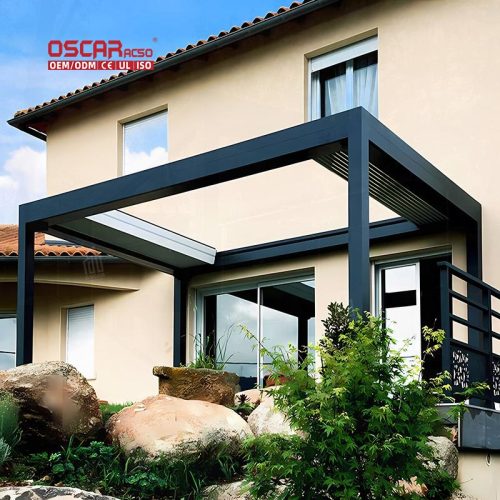 Outdoor Motorized Louvered Aluminum Sun Shade Gardens Patios Backyards Customizable Adjustable Retractable Pergola