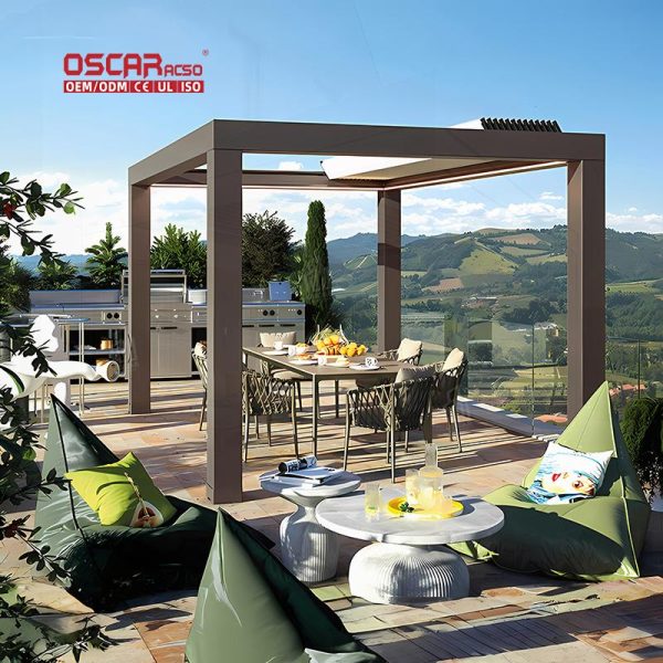 New Design Outdoor Waterproof Electric Opening Louvered Patio Roof with Lighting Garden Balcony Terrace Retractable Pergola