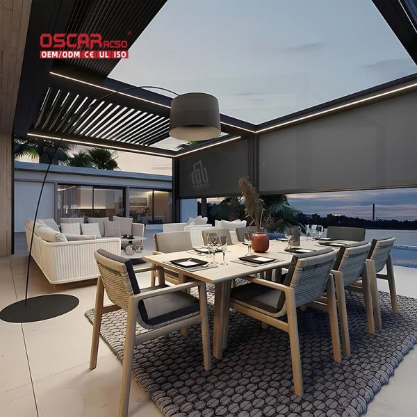 Motorized Louvered Metal Canopy with Sunshade and Ventilation Function Ideal Gardens Patios and Pools Retractable Pergola