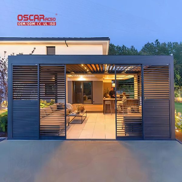 Modern Outdoor Electric Aluminum Pergola with Side Screen Waterproof Swimming Pool Courtyard Garden Retractable Pergola
