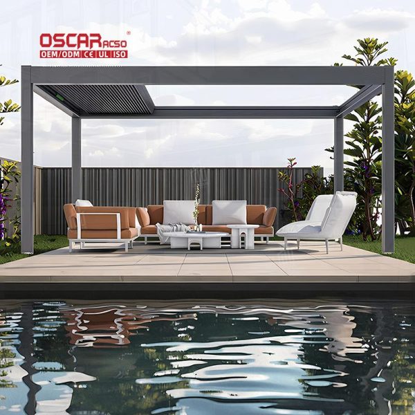 Retractable Aluminium Patio Rain Cover with Modern Design Four – Season Outdoor Use Glass Roof Grill Area Retractable Pergola