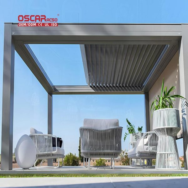 Modern Style Free Standing Aluminium Louver Motorized Pergola Commercial Outdoor Backyard Use Retractable Pergola