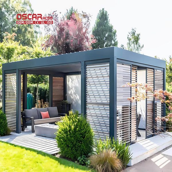 Motorized Adjustable Aluminium Shade Structure with Side Enclosure For Garden Patio Poolside Retractable Pergola
