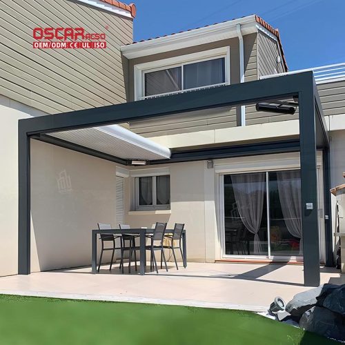 Outdoor Motorized Adjustable Aluminium Shade Structure with Led Lighting Garden Patio Backyard Retractable Pergola