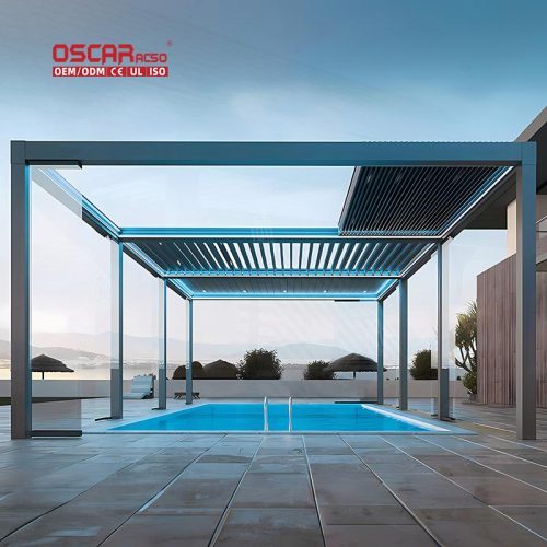 Outdoor Garden Gazebo with Louvers Waterproof and Led Light Luxury Modern Patio Backyard Picnic Spot Retractable Pergola
