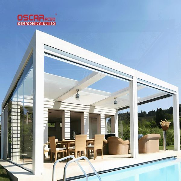 Customized Modern Outdoor Bioclimatic Motorized Aluminium Louver Glass Structure Garden Patio Backyard Retractable Pergola