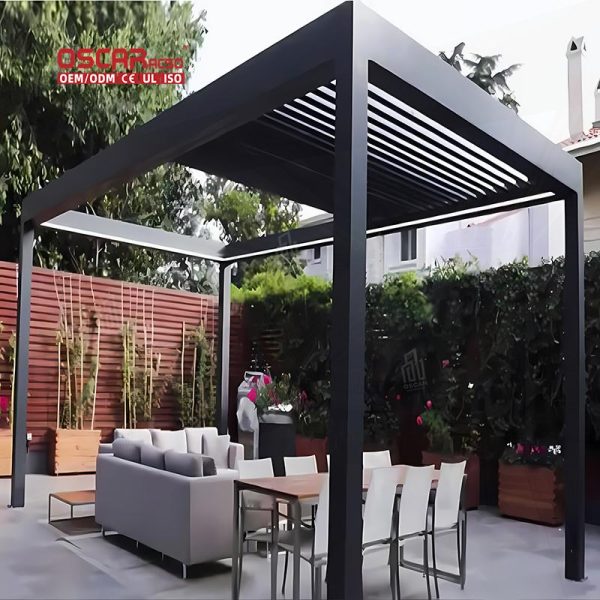Outdoor Wall – Mounted Motorized Louvered Metal Roof Canopy Garden Patio and Poolside Retractable Pergola