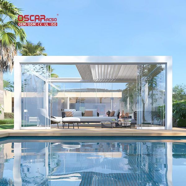Waterproof Automatic Louvers Motorized Awning Systems with Rain Detection Patio Garden Roof Retractable Pergola