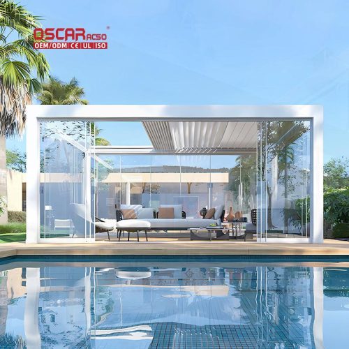 Adjustable Louvered Outdoor Roof and Gazebo Patio Garden Yard with Bioclimatic Function Retractable Pergola