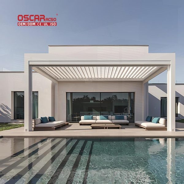 Bioclimatic Outdoor Motorized Adjustable Ventilated Louvered Roof Shade Shelter Kits Patio Garden Poolside Retractable Pergola