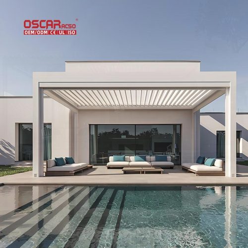 Waterproof Motorized Louvered Roof Bioclimatic Pergola Awning Systems Garden Patio Poolside Retractable Pergola