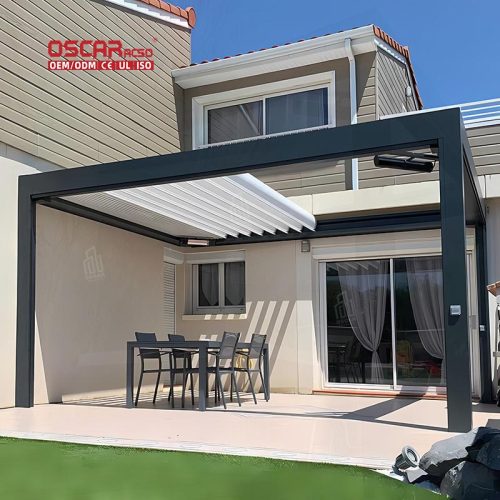 Aluminium Pergolas Terrace with Black Metal Design and Wind Resistance Outdoor Party and Garden Gathering Retractable Pergola