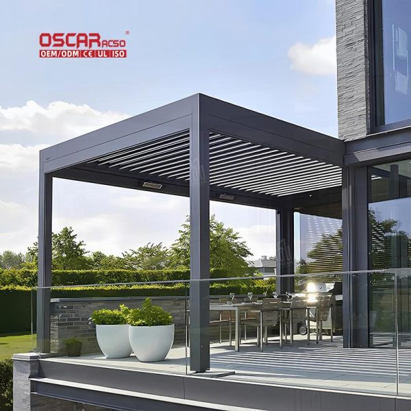 Outdoor Rain – Resistant Motorized Aluminum Frame Louvered Shade with Led Lighting Garden Patio Yard Retractable Pergola