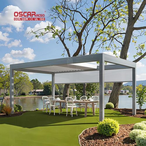 Outdoor Aluminium Motorized Adjustable Louvered Pergola with Led Light System Garden Patio Backyard Retractable Pergola