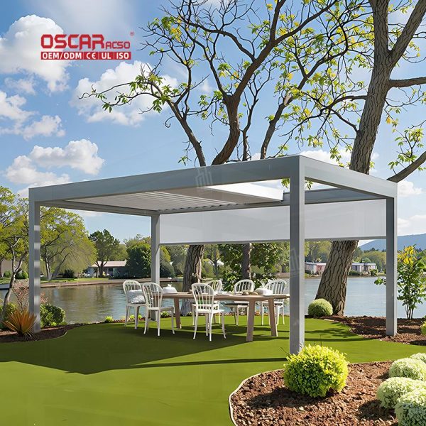 Outdoor Aluminium Motorized Adjustable Louvered Pergola with Led Light System Garden Patio Backyard Retractable Pergola
