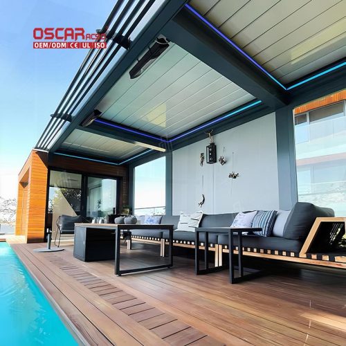 Outdoor Waterproof Shading Motorized Expandable Patio Shelter with Led Lighting Garden Backyard Poolside Retractable Pergola