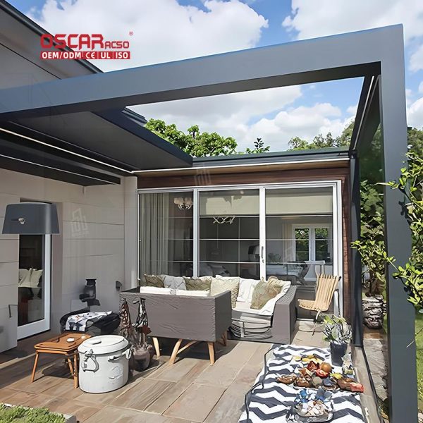 Motorized Waterproof Louvered Roof System with Led Lighting Garden Patio Balcony Outdoor Spaces Retractable Pergola