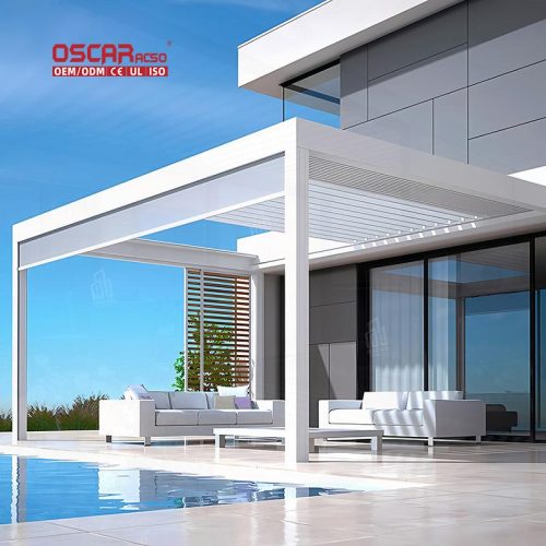 Ecofriendly Rainproof Electric Aluminum Slats Louvered Bioclimatic Pergola Ideal Gardens Patios Backyards Retractable Pergola