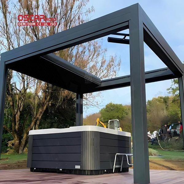 New Design Waterproof Electric Opening Louver Roof Outdoor Garden Awnings with Lights Patio Terrace Balcony Retractable Pergola