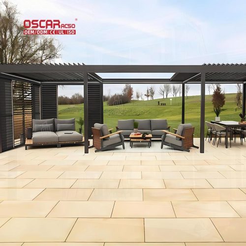 Waterproof Motorized Led Lighting Opening Louvre System Pergola with Support Posts Outdoor Patio Garden Use Retractable Pergola