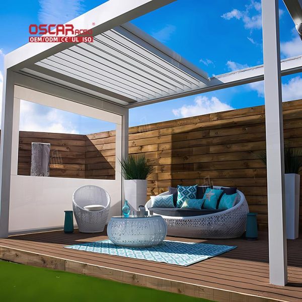 Eco – Friendly Sustainable Waterproof Adjustable Louvered Roof Awning System Patio Yard and Outdoor Areas Retractable Pergola