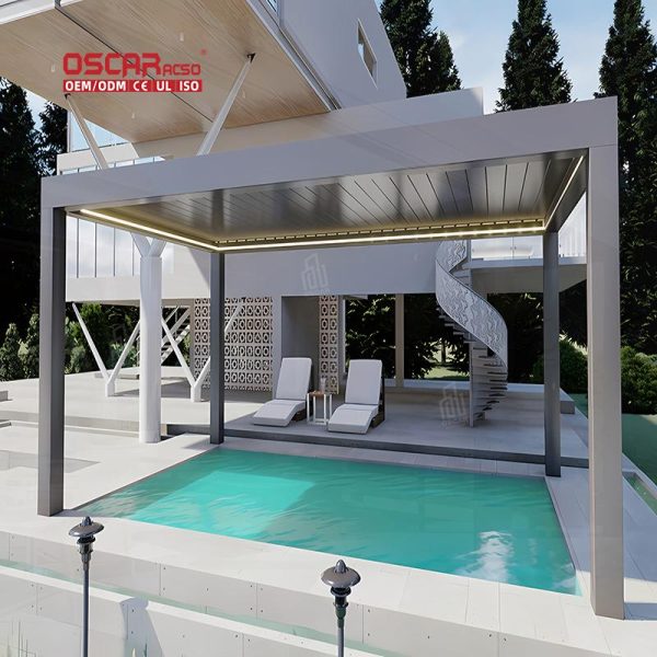 Outdoor Garden Aluminum Louvered Structure with Waterproof Feature and Led Lights Patio Backyard Poolside Retractable Pergola